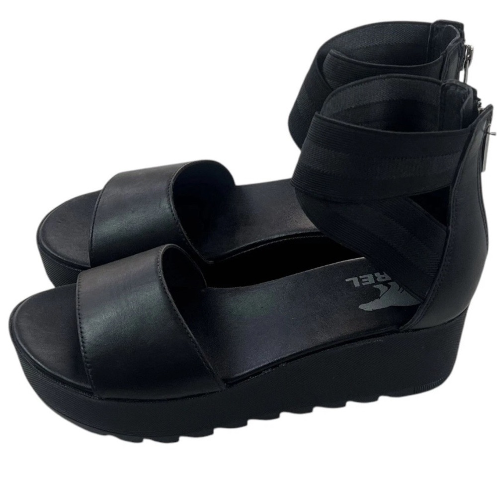Sorel Black Platform Sandal Wedge with Ankle Wraps
